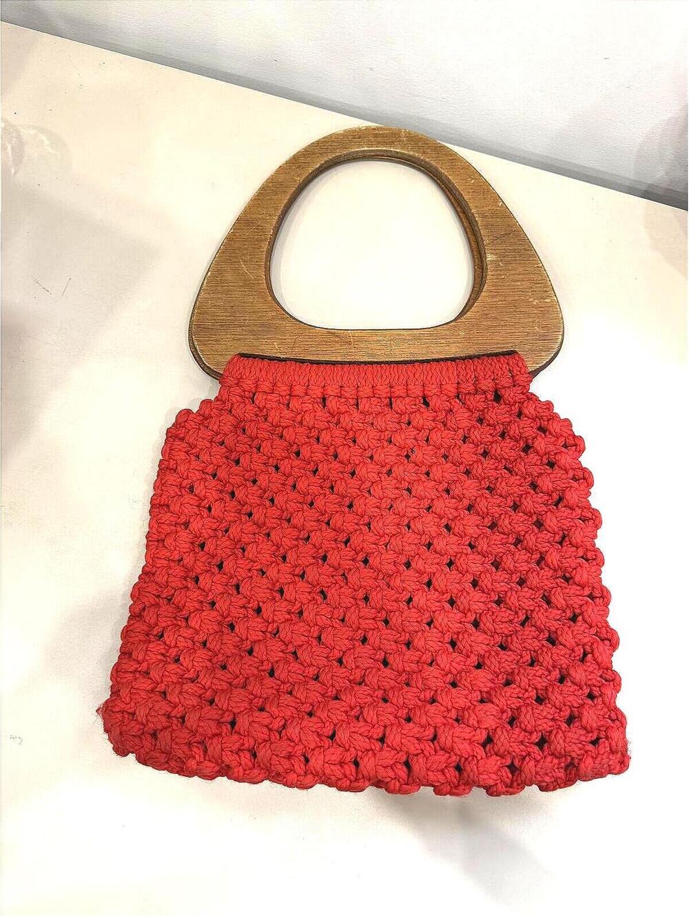 Handmade Red Crochet Bag with Wooden Handles